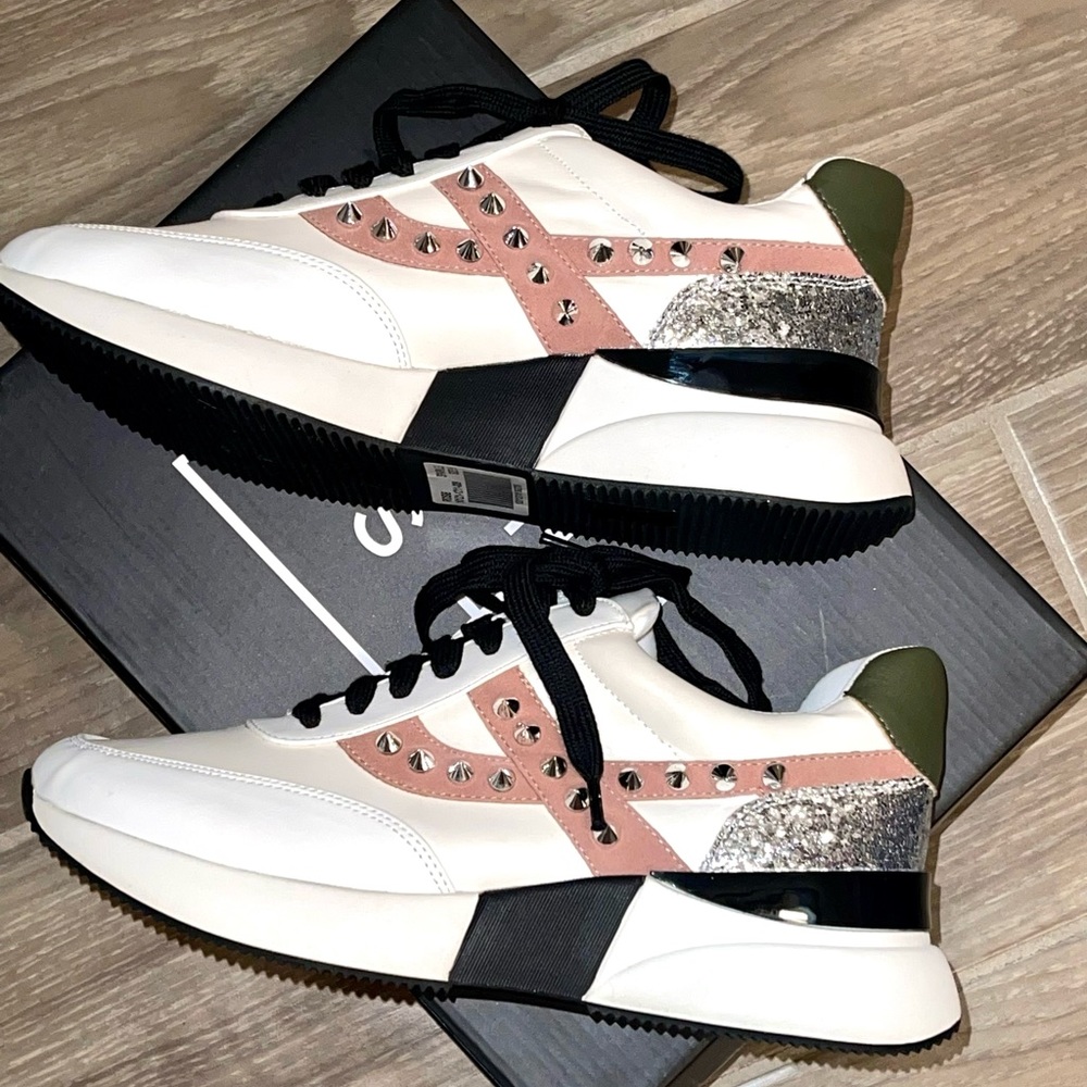 Embroidered Faux Leather Multi Color Stud Lace Up Sneaker
